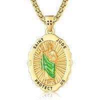 wholesale 925 Sterling Silver Saint Jude Necklace Gold Plated Green Enamel Protective Pendant-St-Jude-1