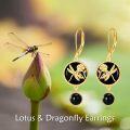 wholesale 925 Sterling Silver Gold Plated Black Onyx Rose & Dragonfly Dangle Earrings-0-6