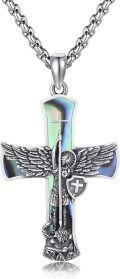 wholesale 925 Sterling Silver Angel Wings & Shield Pendant with Abalone Shell Inlay for Men's Necklaces-0-0