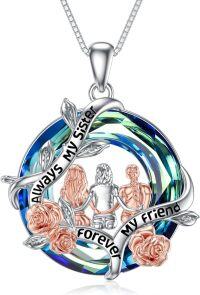 wholesale 925 Sterling Silver Crystal Rose Flower Sisters Forever Pendant Necklace-A-Sister Necklace for 3-Blue-Letter