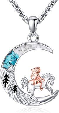 wholesale 925 Sterling Silver Turquoise Inlay Horse & Rider on Crescent Moon Necklace Pendant Jewelry for Women Girls Gift 48cm Chain Length-Horse