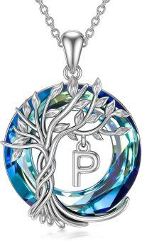 wholesale Sterling Silver Blue Crystal Tree of Life Initial Necklace Family Letter Pendant Birthday Mother s Day Gifts for Her-Tree of Life P Initial
