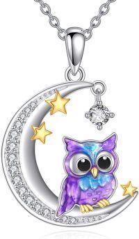wholesale 925 Sterling Silver Moon & Owl Charm Necklace with Cubic Zirconia Stones and Stars - Gifts for Her-Owl Necklace