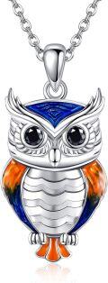 wholesale 925 Sterling Silver Owl Pendant Necklace with Blue and Orange Enamel Accents - Unique s for Women & Girls-0-0