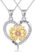 wholesale 925 Sterling Silver Metal Best Friend Forever Heart-Shaped Sunflower Pendant Necklaces for Women Girls Friendship  Sets 2 Pcs-0-0