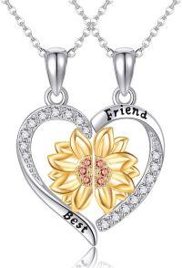 wholesale 925 Sterling Silver Metal Best Friend Forever Heart-Shaped Sunflower Pendant Necklaces for Women Girls Friendship  Sets 2 Pcs-Sunflower BFF Set