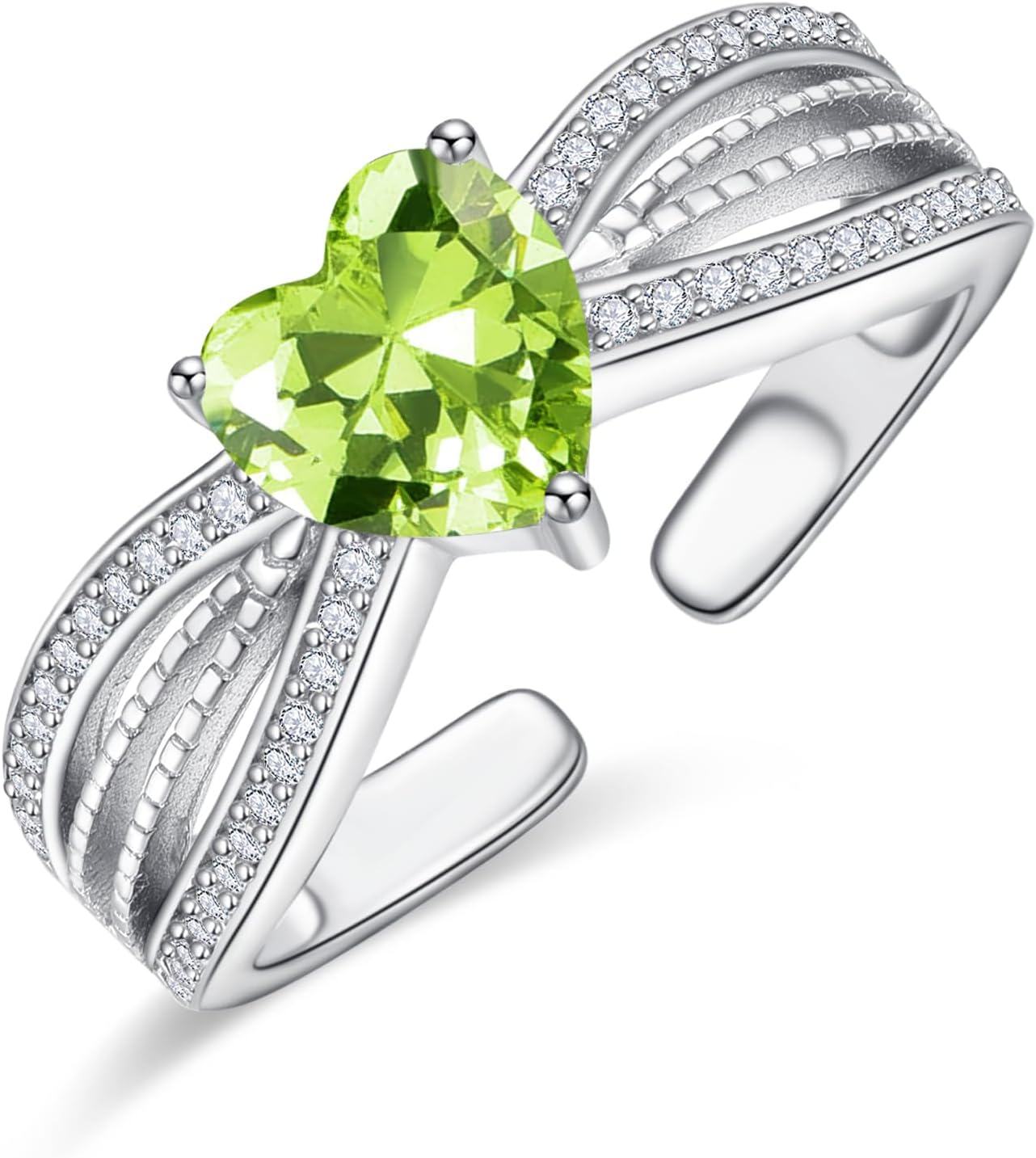Sterling Silver CZ Heart Rings Adjustable Birthstone Jewelry Gift for Women Mom-0-0