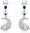wholesale 925 Sterling Silver Crescent Moon & Star Cat Dangle Earrings with Pearls for Women - Valentines/Mothers Day Gifts-0-0