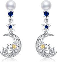 wholesale 925 Sterling Silver Crescent Moon & Star Cat Dangle Earrings with Pearls for Women - Valentines/Mothers Day Gifts-cat Pearl Earrings