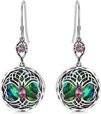 wholesale Sterling Silver Birthstone Celtic Tree of Life Dangle Earrings-Pink