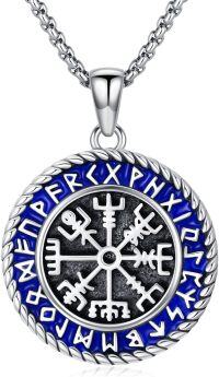 wholesale 925 Sterling Silver Vegvisir Compass Norse Runes Pendant Necklace  Blue Enamel Viking Jewelry for Men Women Gift 47cm Chain Length-Viking Compass