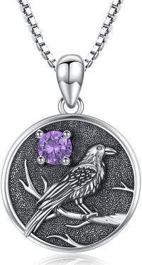 wholesale Silver Synthetic Stone Raven Pendant Crow Round Necklace Gift for Women-February - Amethyst