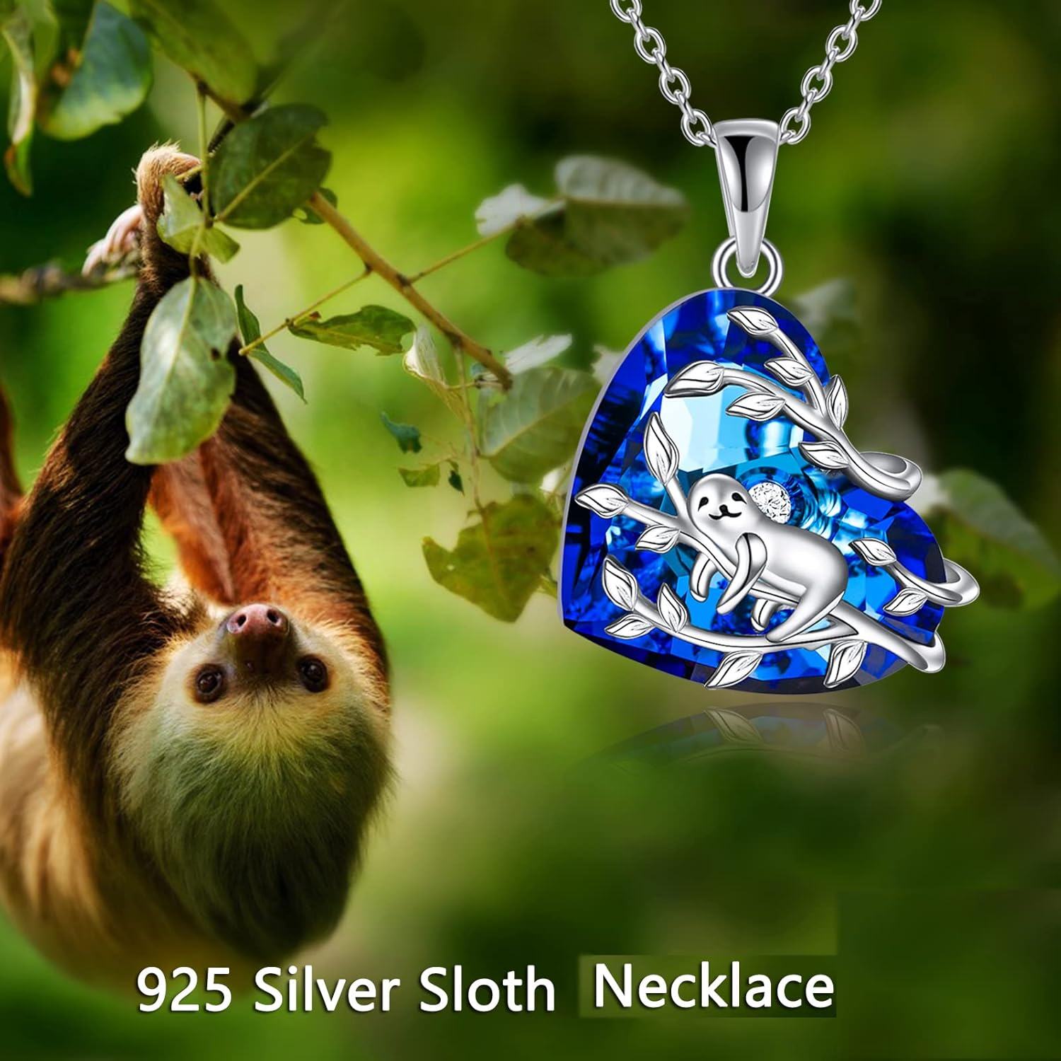 925 Sterling Silver Blue Crystal Sloth Branch Pendant Necklace Gift for Her-0-1