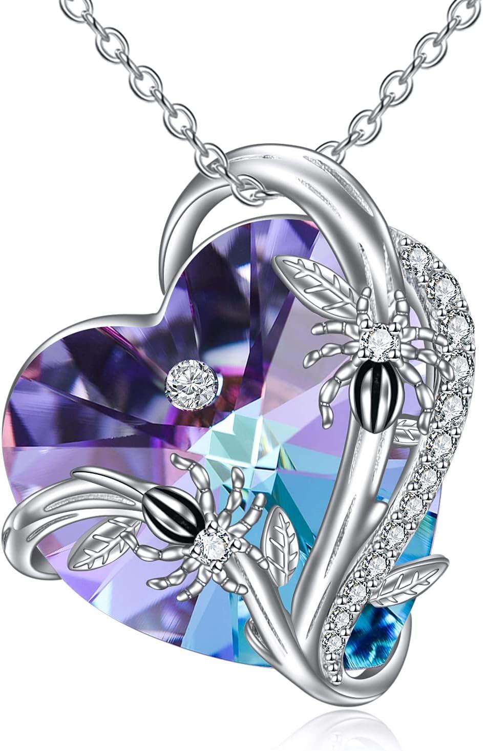 Sterling Silver Heart Crystal Necklace with Butterfly Dragonfly Bee Ladybug Spider Glowworm Jewelry for Women-E-Spider