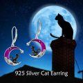 wholesale 925 Sterling Silver Purple Enamel Starry Night Black Cat Crescent Moon Drop Earrings-0-1