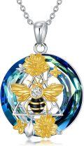 wholesale 925 Sterling Silver Blue Crystal Bee Flower Pendant Necklace-0-0