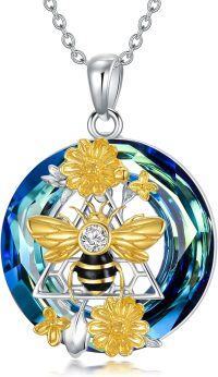 wholesale 925 Sterling Silver Blue Crystal Bee Flower Pendant Necklace-Bee