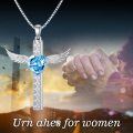 TOUPOP Sterling Silver Aquamarine Crystal Wing Cross Memorial Urn Pendant-0-5