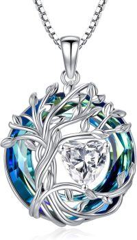 wholesale White Gold Yellow Gold Plated Sterling Silver Austrian Crystal Celtic Tree of Life Necklace-04-Apri-Simulated Diamond White Gold-Blue Crystal