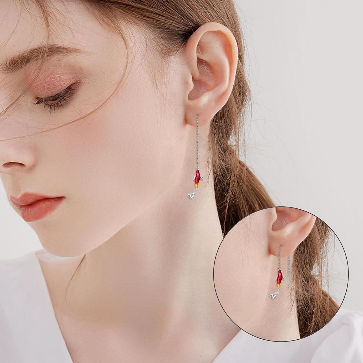 925 Sterling Silver Red Fish Drop Threader Earrings for Women and Girls-0-1