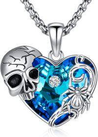 wholesale 925 Sterling Silver Heart-Shaped Pendant w/ Blue Crystal & Skull Charm on 20 + Extender Chain-Skull and Spider