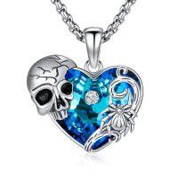 wholesale 925 Sterling Silver Skull Heart Necklace With Blue Crystal And Spider Pendant-Skull and Spider