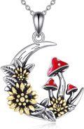 wholesale 925 Sterling Silver Red Enamel Mushroom & Sunflower Crescent Moon Charm Necklace for Women Girls Gifts-0-0
