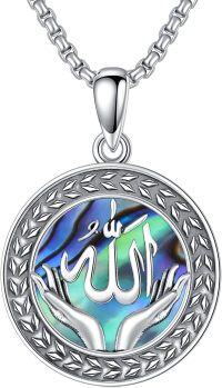 wholesale 925 Sterling Silver Round Allah Hand Holding Shell Pendant Necklace for Women Men Islamic Muslim Religious s 45cm Chain Length-Allah Necklace-Abalone Shell