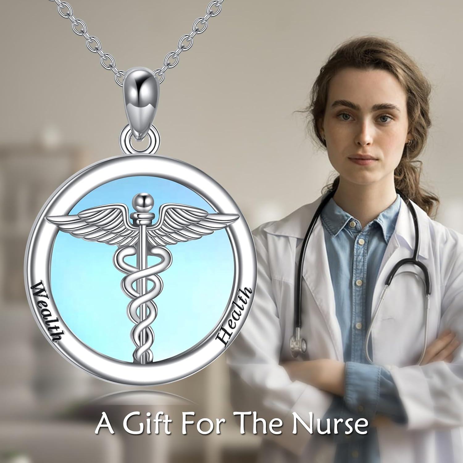 Sterling Silver Moonstone Caduceus Trident Asclepius Nurse Pendant Necklace-0-5