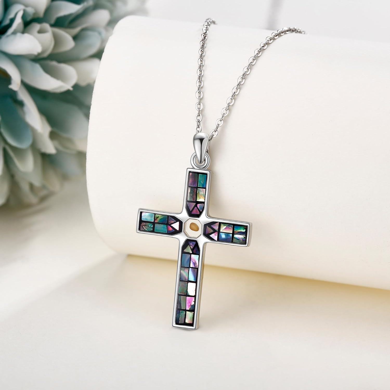 Sterling Silver Opal Cross Necklace Rose Opal Stethoscope Pendant Celtic Faith Jewelry for Women-0-5