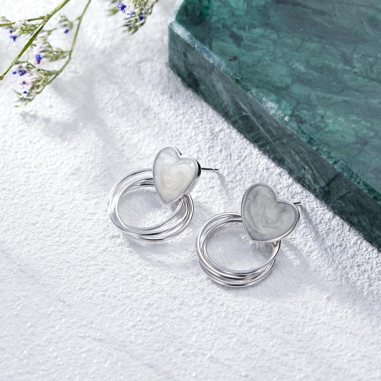 Silver Heart-Shaped Stone Studs - Minimalist 925 Sterling Silver Jewelry-0-2
