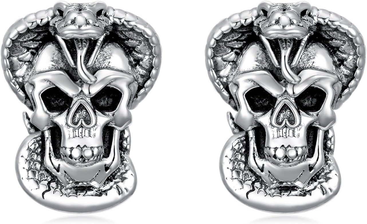 Sterling Silver Skull Stud Earrings with Lotus Hummingbird Squirrel Cow Gift for Women Men-Skull Snake