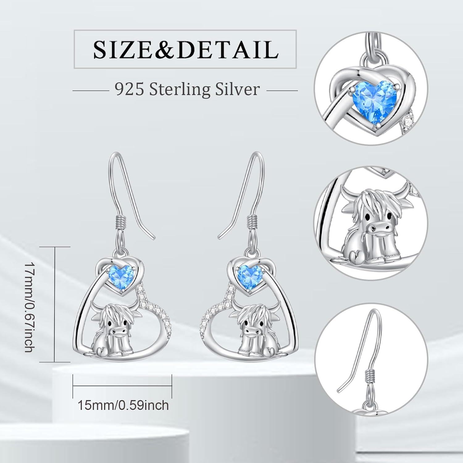 925 Sterling Silver Birthstone Highland Cow Dangle Earrings Scotland Western Gift-0-1