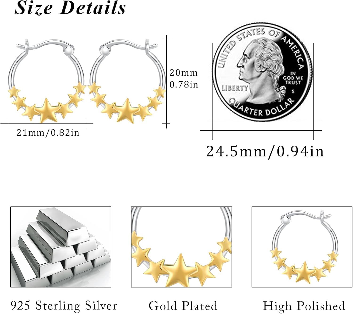 Sterling Silver Gold Plated Star Huggie Hoop Earrings for Women-0-3