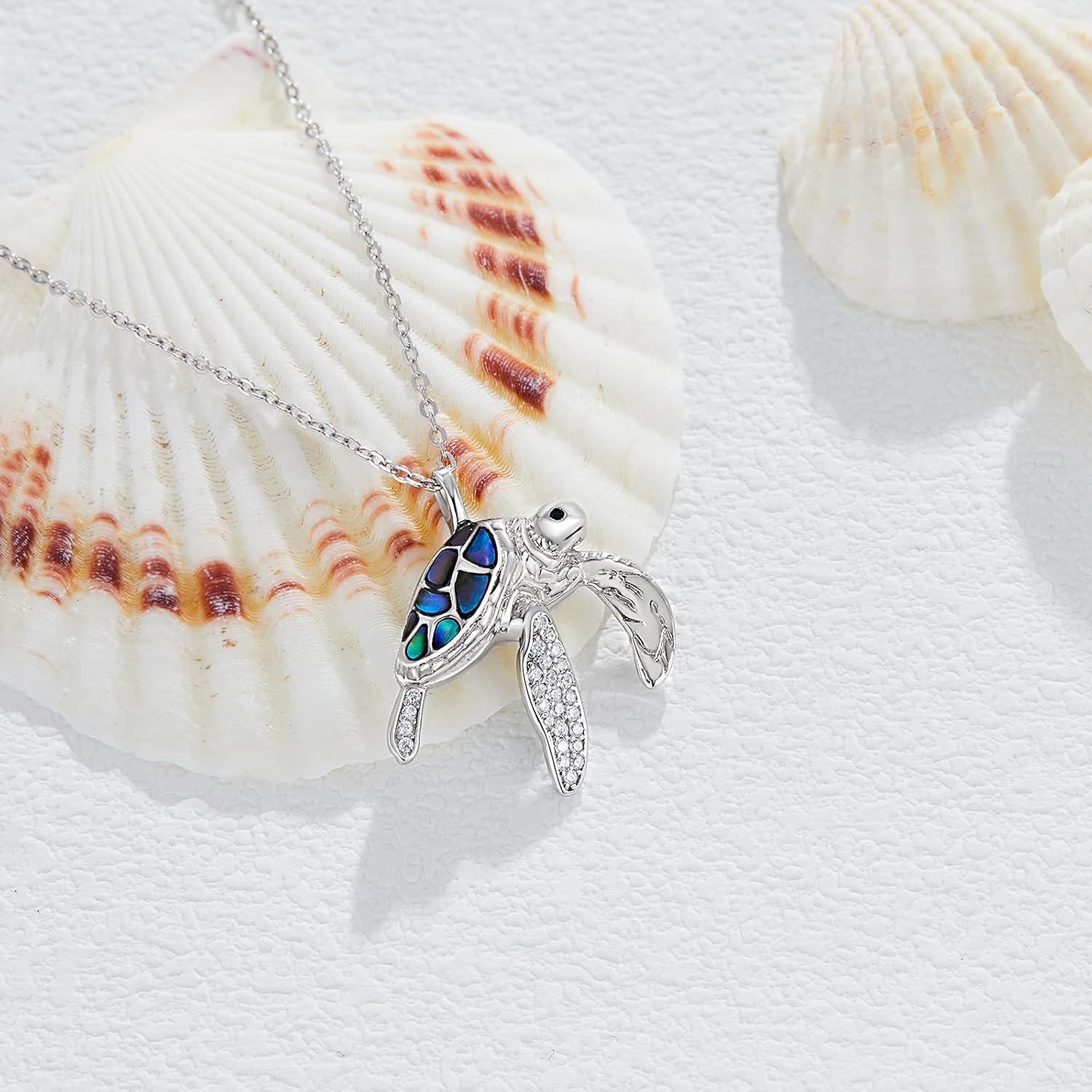 wholesale 925 Sterling Silver Blue Abalone Shell Inlay Sea Turtle Charm Pendant Necklace with Cubic Zirconia Accents and Extender Chain (14+3)-0-3