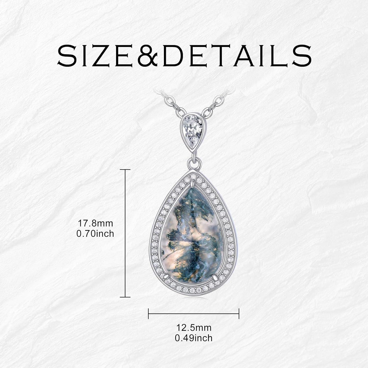 925 Sterling Silver Teardrop Moss Agate and Cubic Zirconia Halo Pendant Necklace for Women-0-3