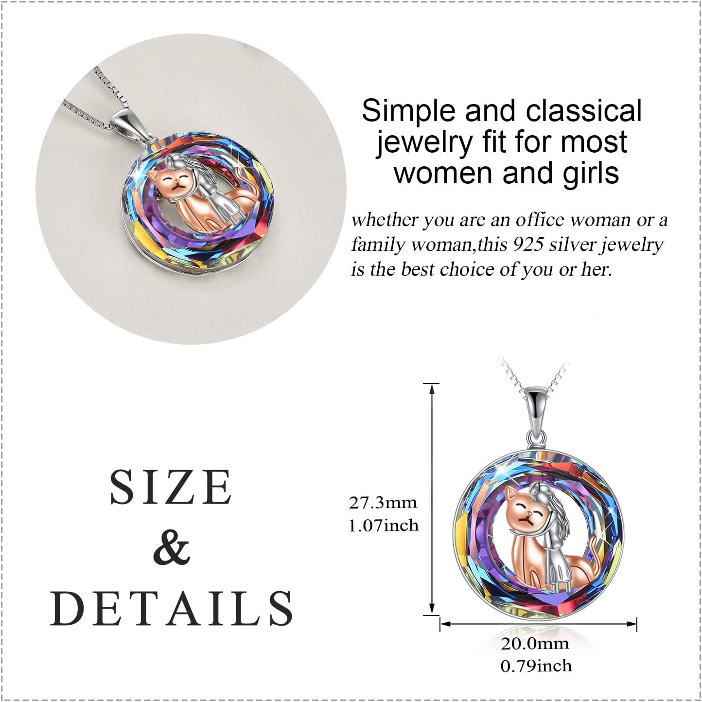 wholesale 925 Sterling Silver Round Crystal Girl Hugging Cat Pendant Necklace for Women and Girls-0-4