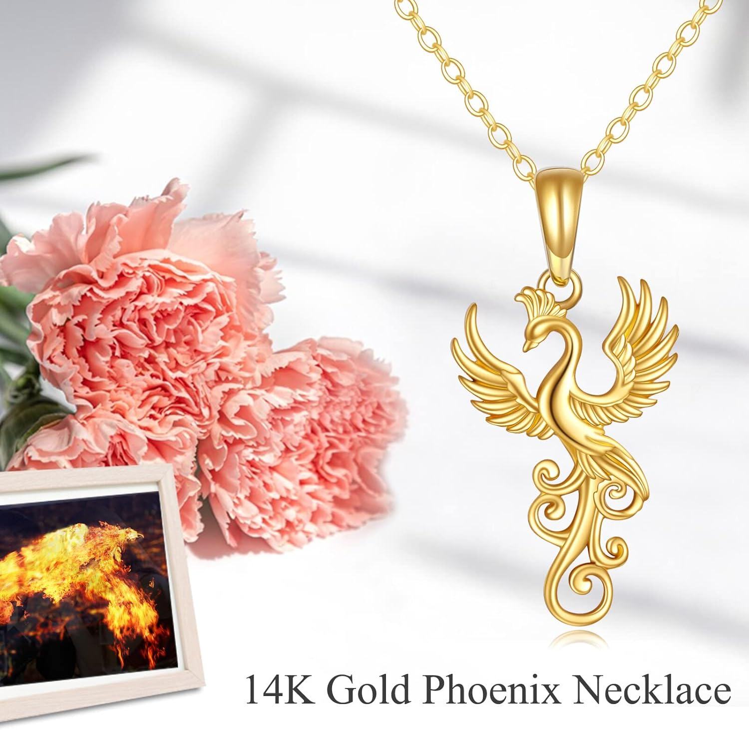 14K Yellow Gold Phoenix Pendant Necklace with Stone for Women Jewelry Gifts-0-6