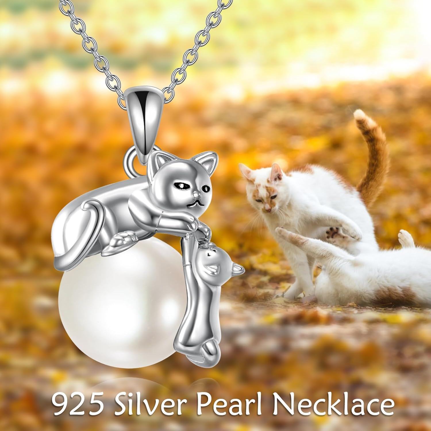 wholesale 925 Sterling Silver Pearl Cat Charm Pendant Necklace s for Women-0-4