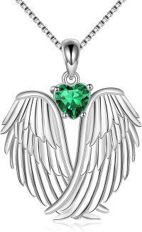 wholesale Sterling Silver Birthstone Angel Wings Pendant Necklace-May-Green