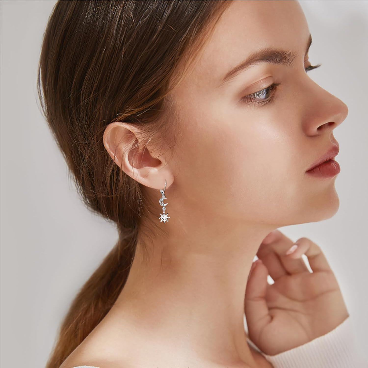 925 Sterling Silver Snowflake Moon Star Leverback Earrings for Sensitive Skin-0-1