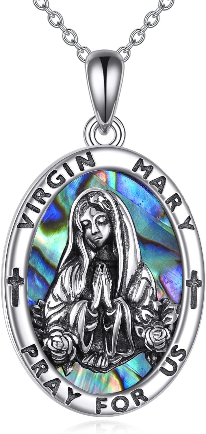 wholesale 925 Sterling Silver Virgin Mary Medal Pendant Necklace with Abalone Shell and Crosses for Women Catholic Christian Gifts-0-0