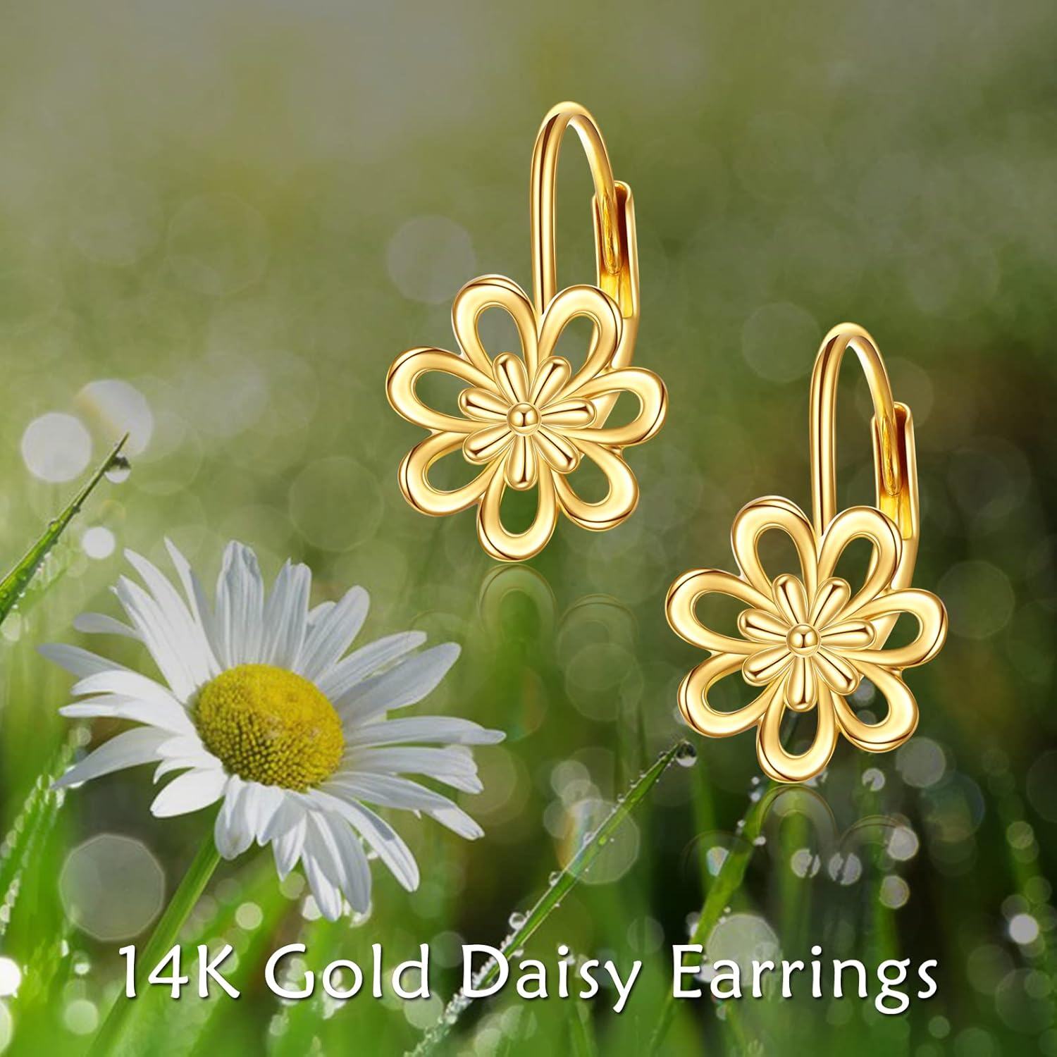 14K Yellow Gold Daisy Flower Leverback Dangle Hoop Earrings Jewelry for Women Teens Girls Christmas Birthday Gifts-0-5