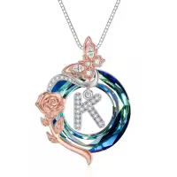 TOUPOP 925 Sterling Silver Blue Crystal K Initial Butterfly Rose Necklace-undefined