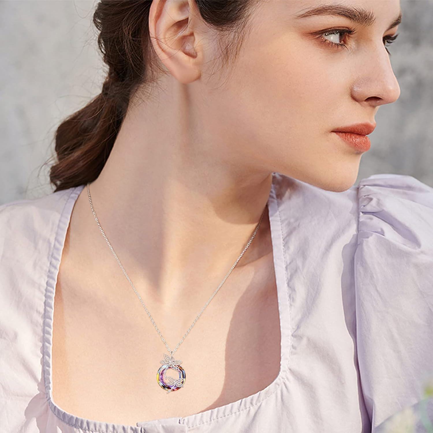 925 Sterling Silver Rainbow Crystal Butterfly Pendant Necklace for Women-0-4