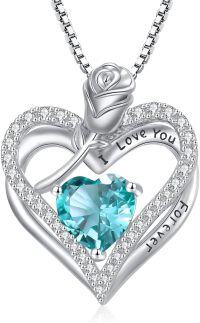 wholesale 925 Sterling Silver 12 Birthstone Double Heart Rose Necklace for Her-12-Dec-Blue Topaz