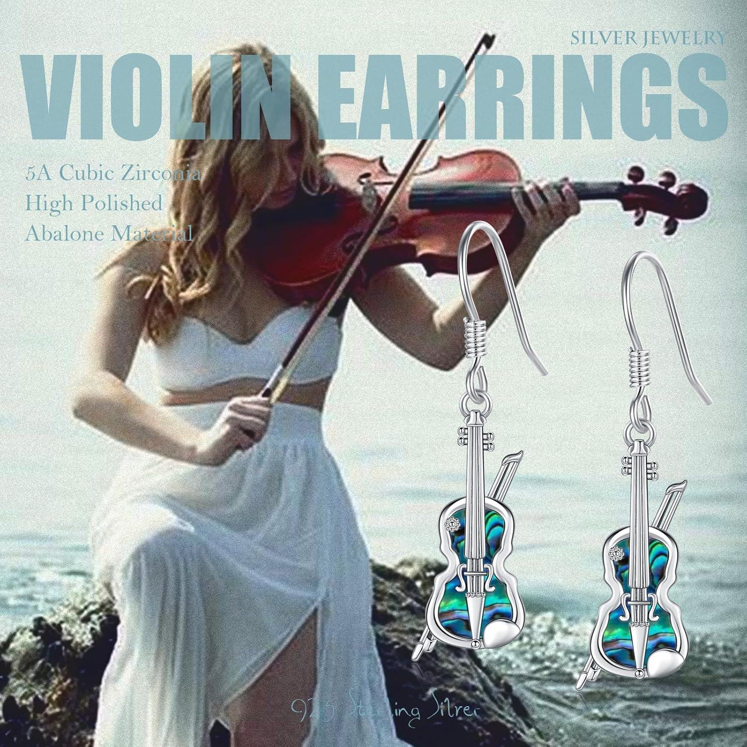 wholesale 925 Sterling Silver Violin Shape Abalone Shell Inlay Leverback Dangle Drop Earrings for Women-0-5