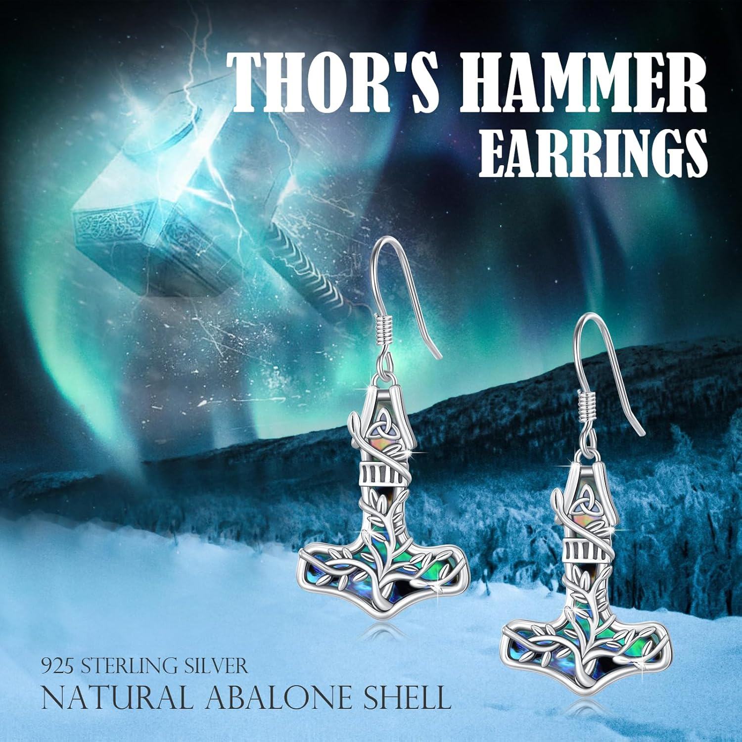 Sterling Silver Stone Viking Earrings Tree of Life Thor Hammer Compass Dangle Drop Jewelry Gifts for Women-0-2