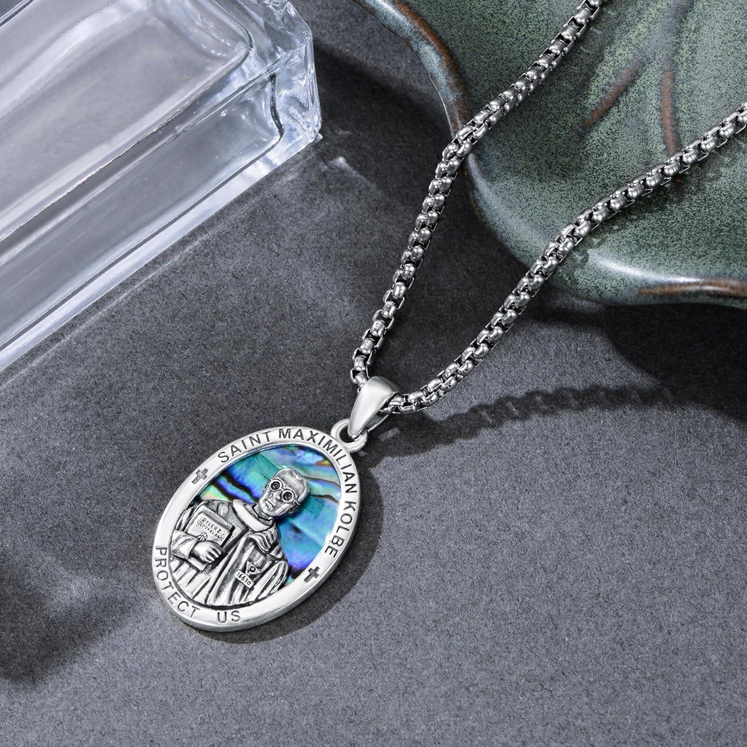 wholesale 925 Sterling Silver Saint Maximilian Kolbe Protect Us Medal Pendant Necklace with Stainless Steel Chain with Abalone Shell and Crosses-0-2