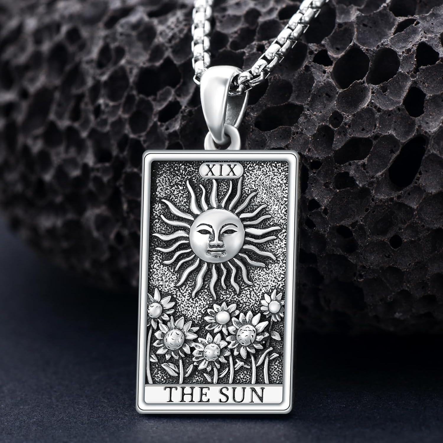 wholesale 925 Sterling Silver The Sun Tarot Pendant Necklace with Stainless Steel Chains for Women Men Gifts Jewelry 45cm Chain Length-0-4